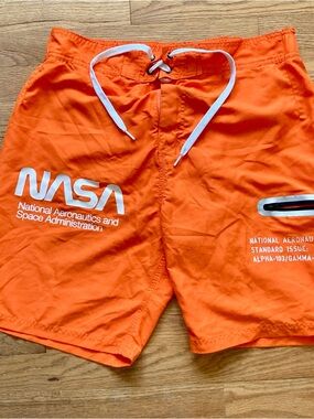 Orange Men's Swim Trunks with White Logo and Drawstring